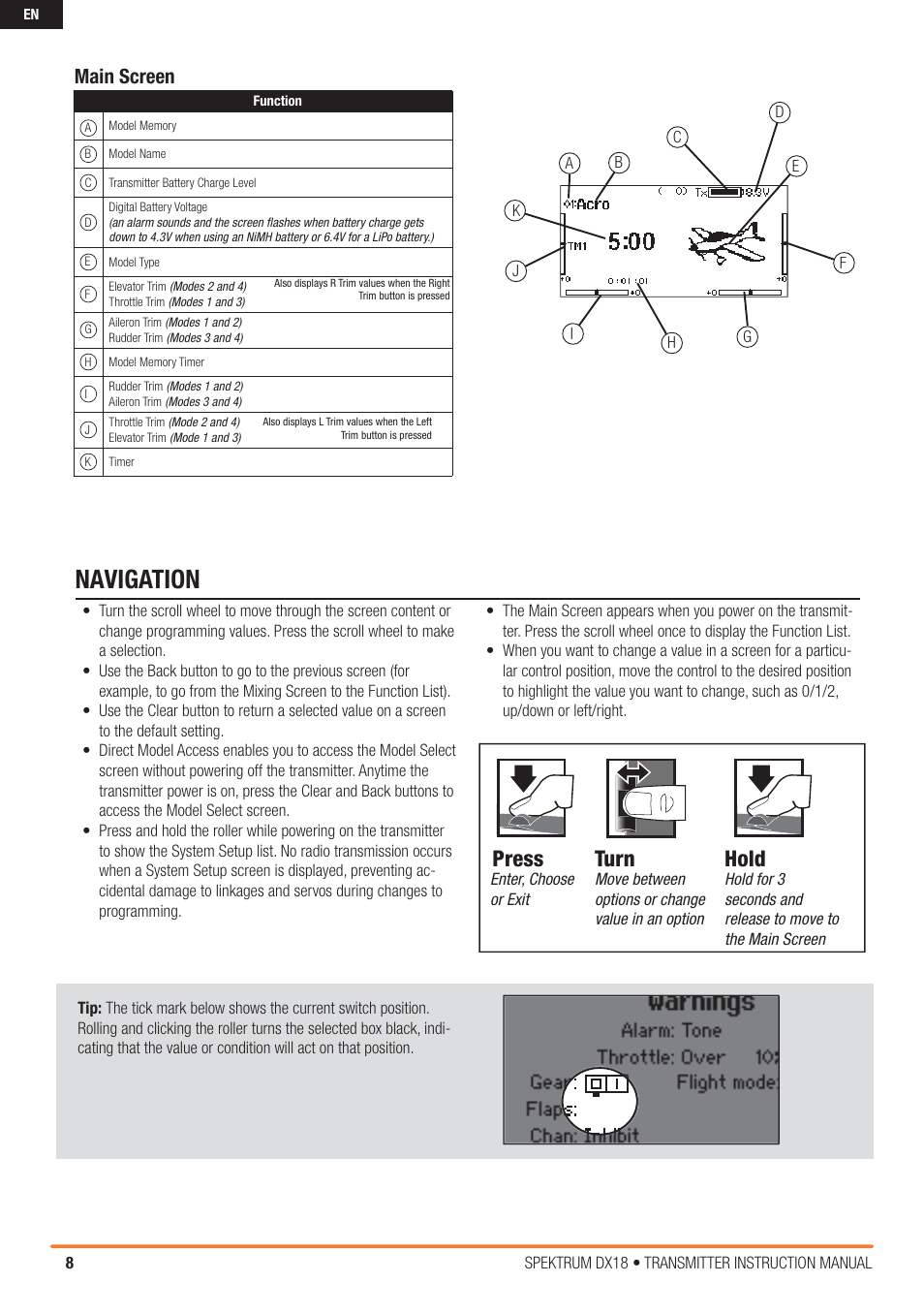 Navigation, Turn hold press, Main screen | Spektrum SPM18000 DX18 w/AR9020 TX/RX ONLY MD2 User Manual | Page 8 / 42