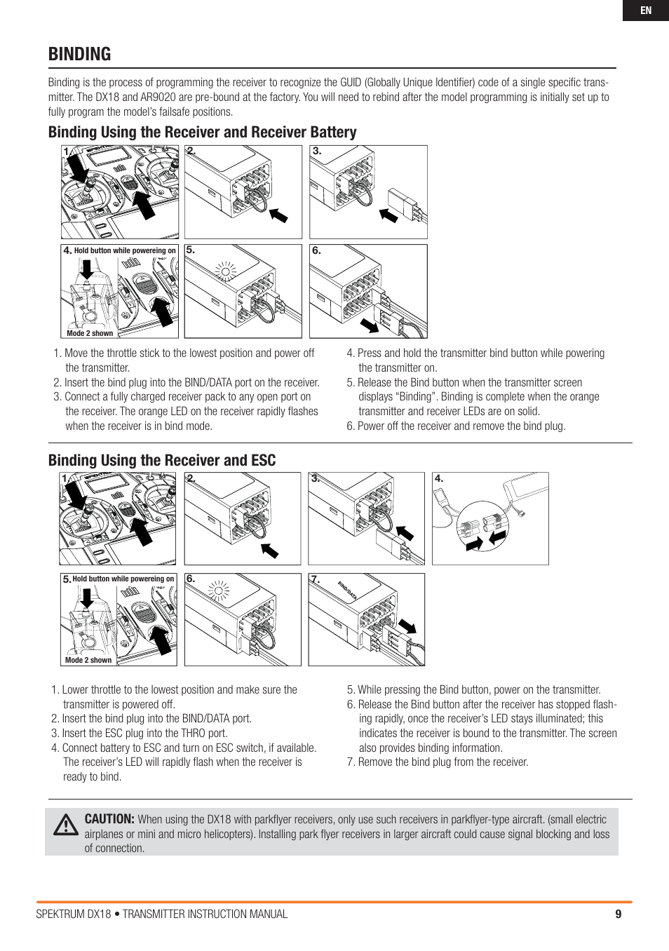 Binding | Spektrum SPM18000 DX18 w/AR9020 TX/RX ONLY MD2 User Manual | Page 9 / 42