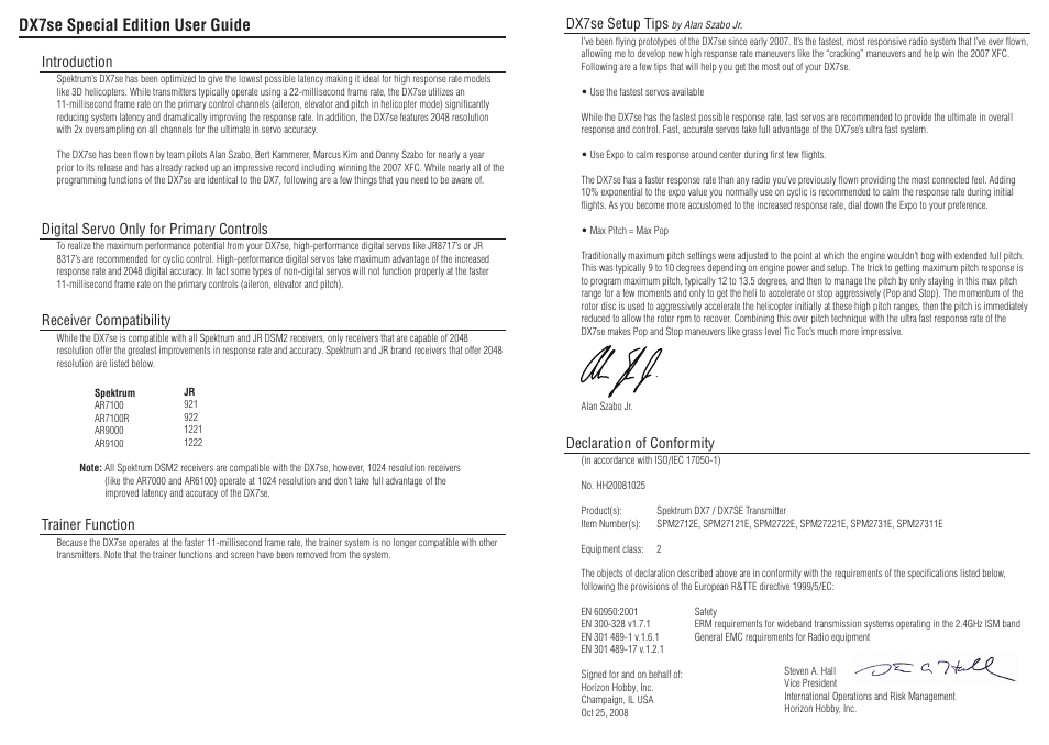 Dx7se special edition user guide, Introduction, Digital servo only for primary controls | Receiver compatibility, Trainer function, Dx7se setup tips, Declaration of conformity | Spektrum SPM2731 DX7se User Manual | Page 2 / 2
