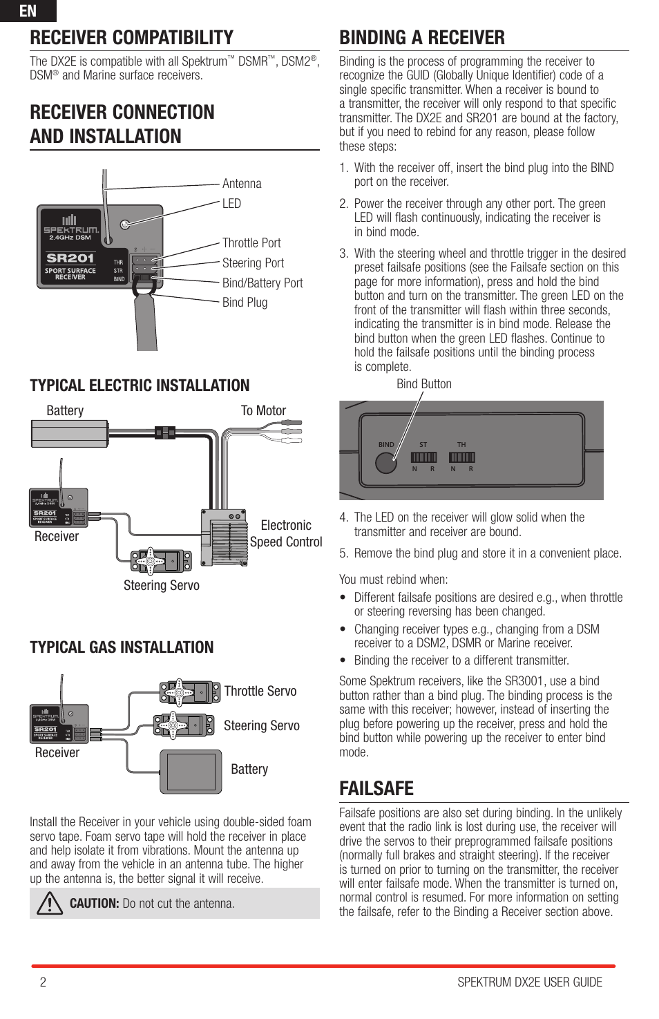 Receiver compatibility, Receiver connection and installation, Binding a receiver | Failsafe | Spektrum SPM2322 DX2E User Manual | Page 2 / 6