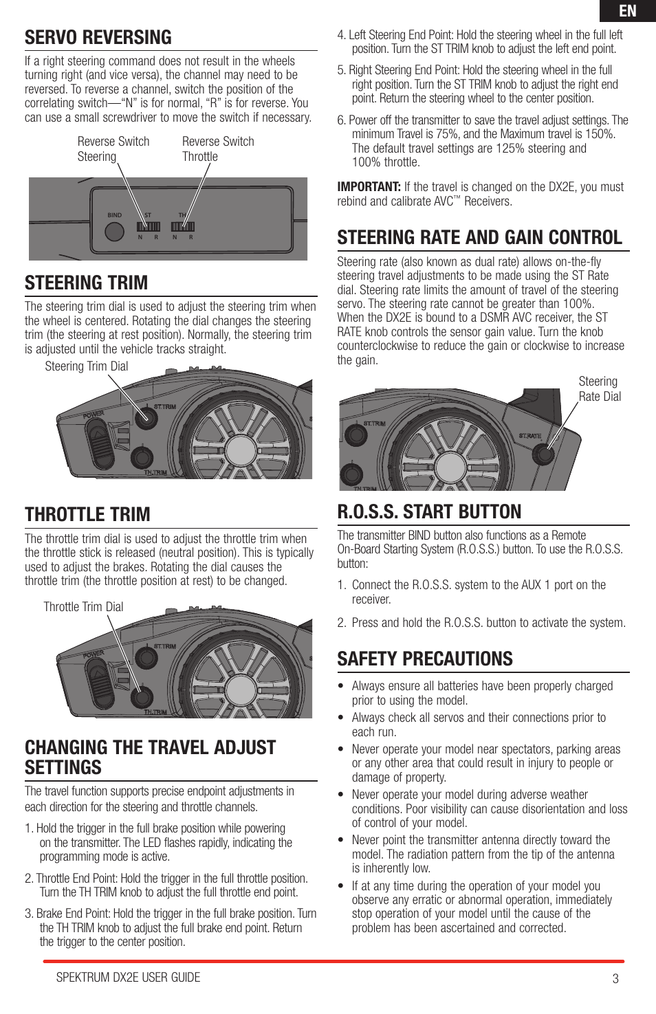 Servo reversing, Steering trim, Throttle trim | Changing the travel adjust settings, Steering rate and gain control, R.o.s.s. start button, Safety precautions | Spektrum SPM2322 DX2E User Manual | Page 3 / 6