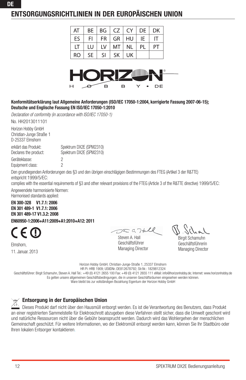 Entsorgungsrichtlinien in der europäischen union | Spektrum SPM2310 DX2E User Manual | Page 12 / 24