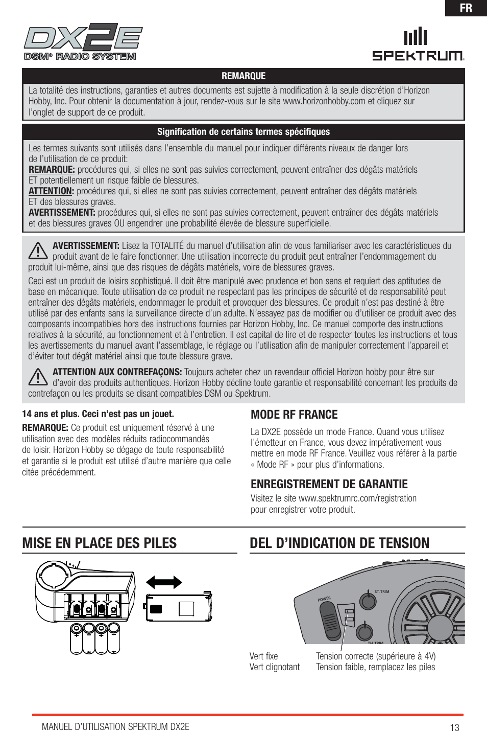 Mode rf france, Enregistrement de garantie | Spektrum SPM2310 DX2E User Manual | Page 13 / 24
