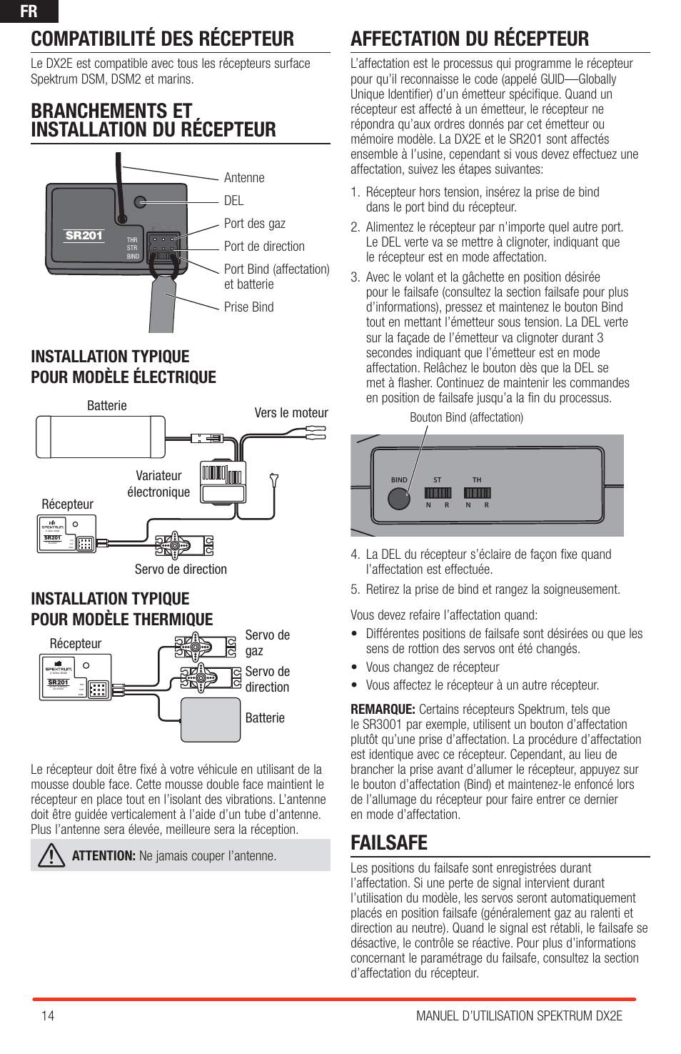 Compatibilité des récepteur, Branchements et installation du récepteur, Affectation du récepteur | Failsafe, Installation typique pour modèle électrique, Installation typique pour modèle thermique | Spektrum SPM2310 DX2E User Manual | Page 14 / 24
