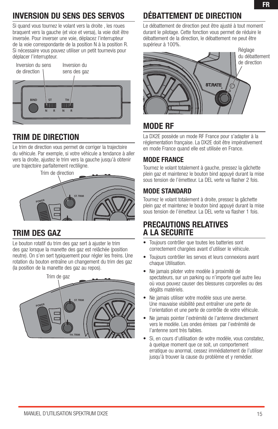Inversion du sens des servos, Trim de direction, Trim des gaz | Débattement de direction, Mode rf, Precautions relatives a la securite, Mode france, Mode standard | Spektrum SPM2310 DX2E User Manual | Page 15 / 24