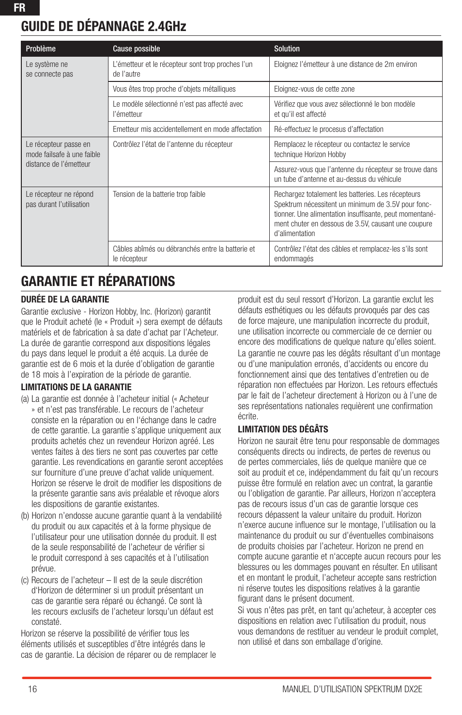 Guide de dépannage 2. 4ghz, Garantie et réparations | Spektrum SPM2310 DX2E User Manual | Page 16 / 24