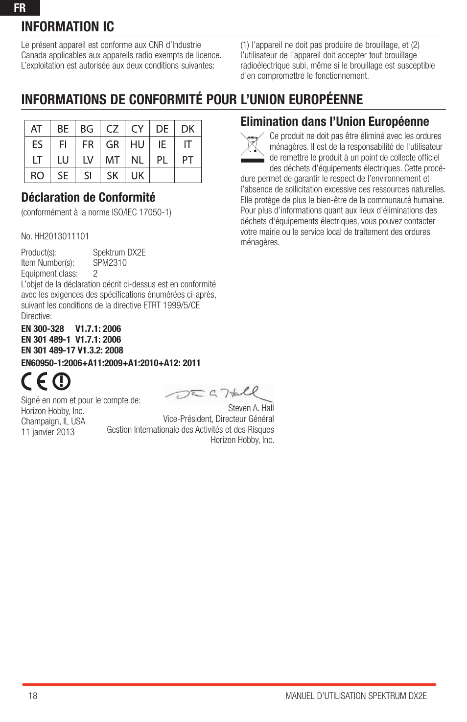 Informations de conformité pour l’union européenne, Information ic, Déclaration de conformité | Elimination dans l’union européenne | Spektrum SPM2310 DX2E User Manual | Page 18 / 24