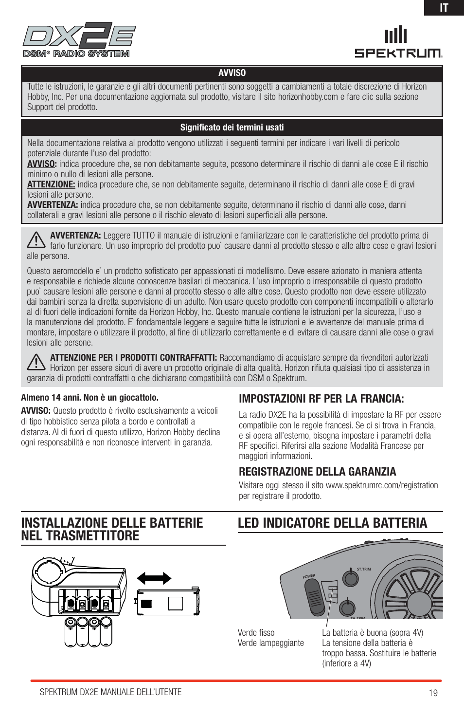 Impostazioni rf per la francia, Registrazione della garanzia | Spektrum SPM2310 DX2E User Manual | Page 19 / 24