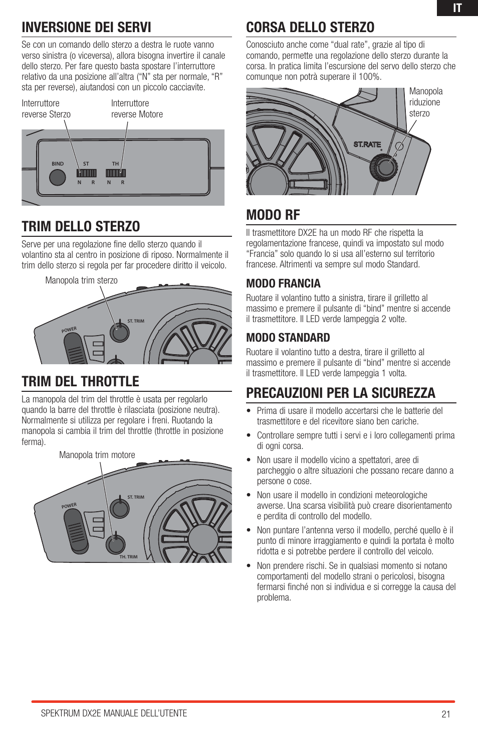 Inversione dei servi, Trim dello sterzo, Trim del throttle | Corsa dello sterzo, Modo rf, Precauzioni per la sicurezza, Modo francia, Modo standard | Spektrum SPM2310 DX2E User Manual | Page 21 / 24