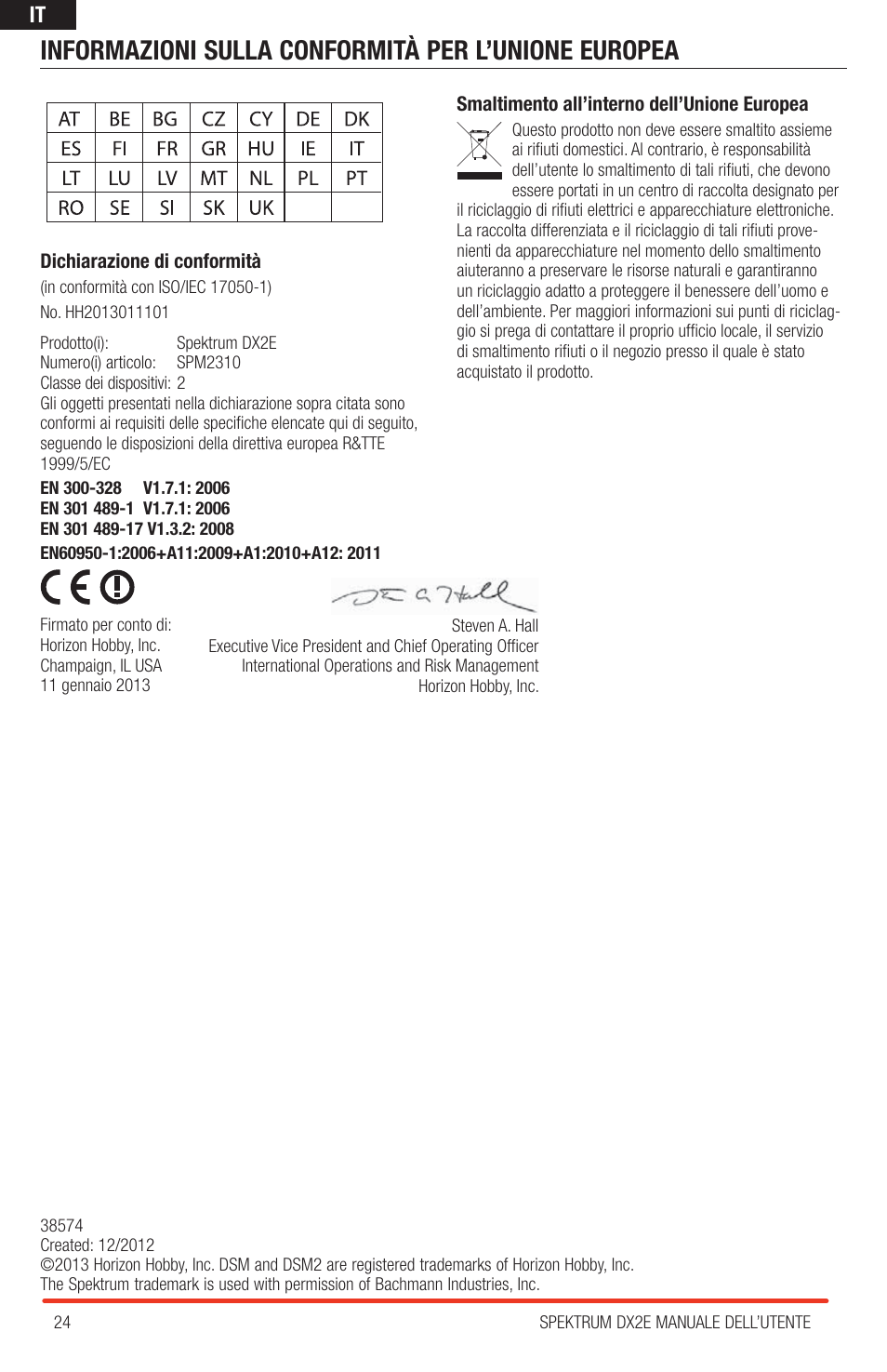 Informazioni sulla conformità per l’unione europea | Spektrum SPM2310 DX2E User Manual | Page 24 / 24