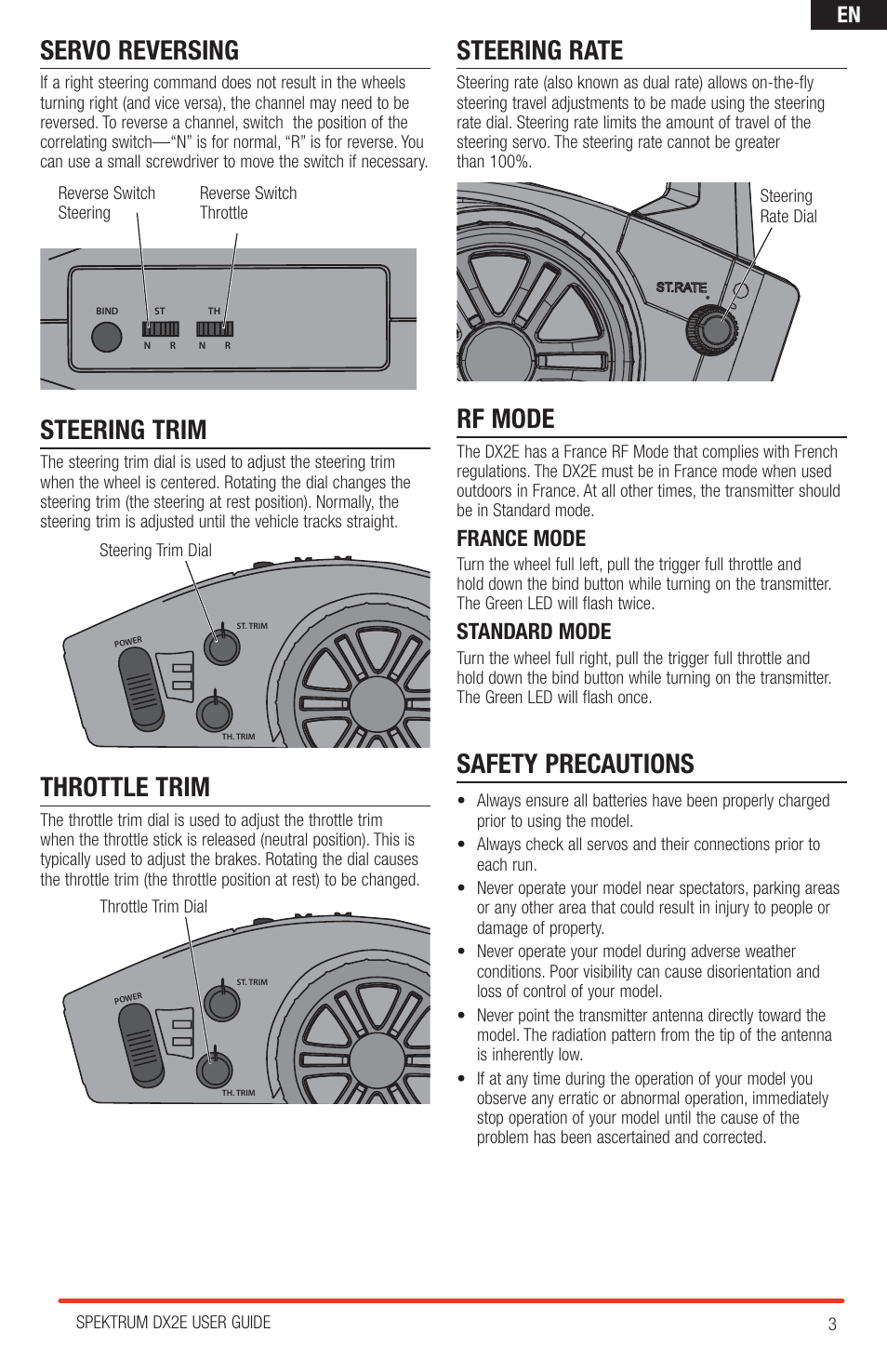 Servo reversing, Steering trim, Throttle trim | Steering rate, Rf mode, Safety precautions, France mode, Standard mode | Spektrum SPM2310 DX2E User Manual | Page 3 / 24