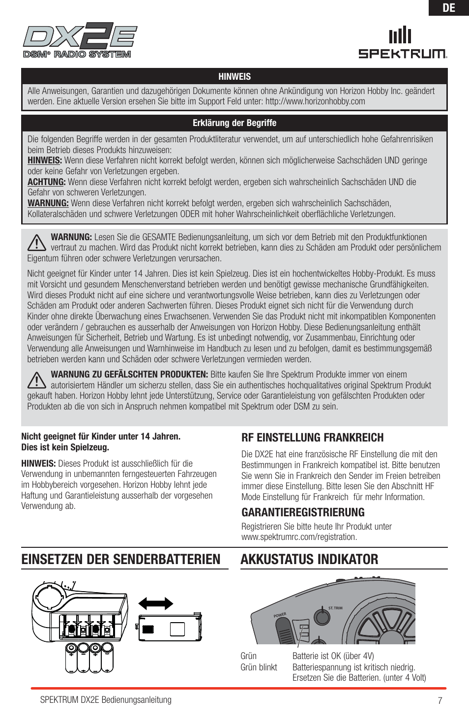 Einsetzen der senderbatterien akkustatus indikator, Rf einstellung frankreich, Garantieregistrierung | Spektrum SPM2310 DX2E User Manual | Page 7 / 24