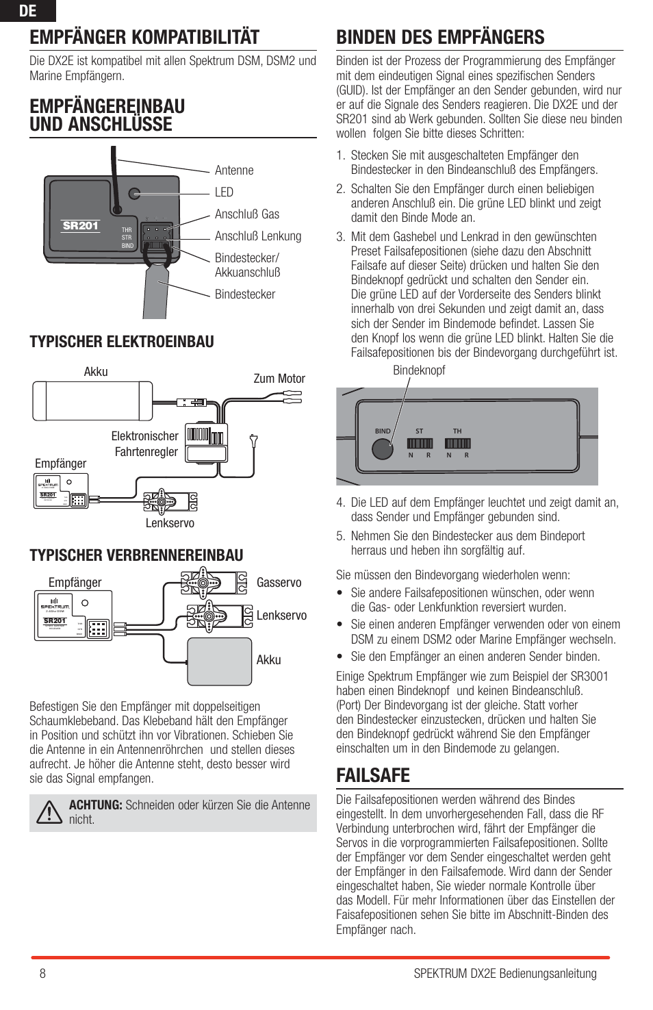 Empfänger kompatibilität, Empfängereinbau und anschlüsse, Binden des empfängers | Failsafe, Typischer elektroeinbau, Typischer verbrennereinbau | Spektrum SPM2310 DX2E User Manual | Page 8 / 24