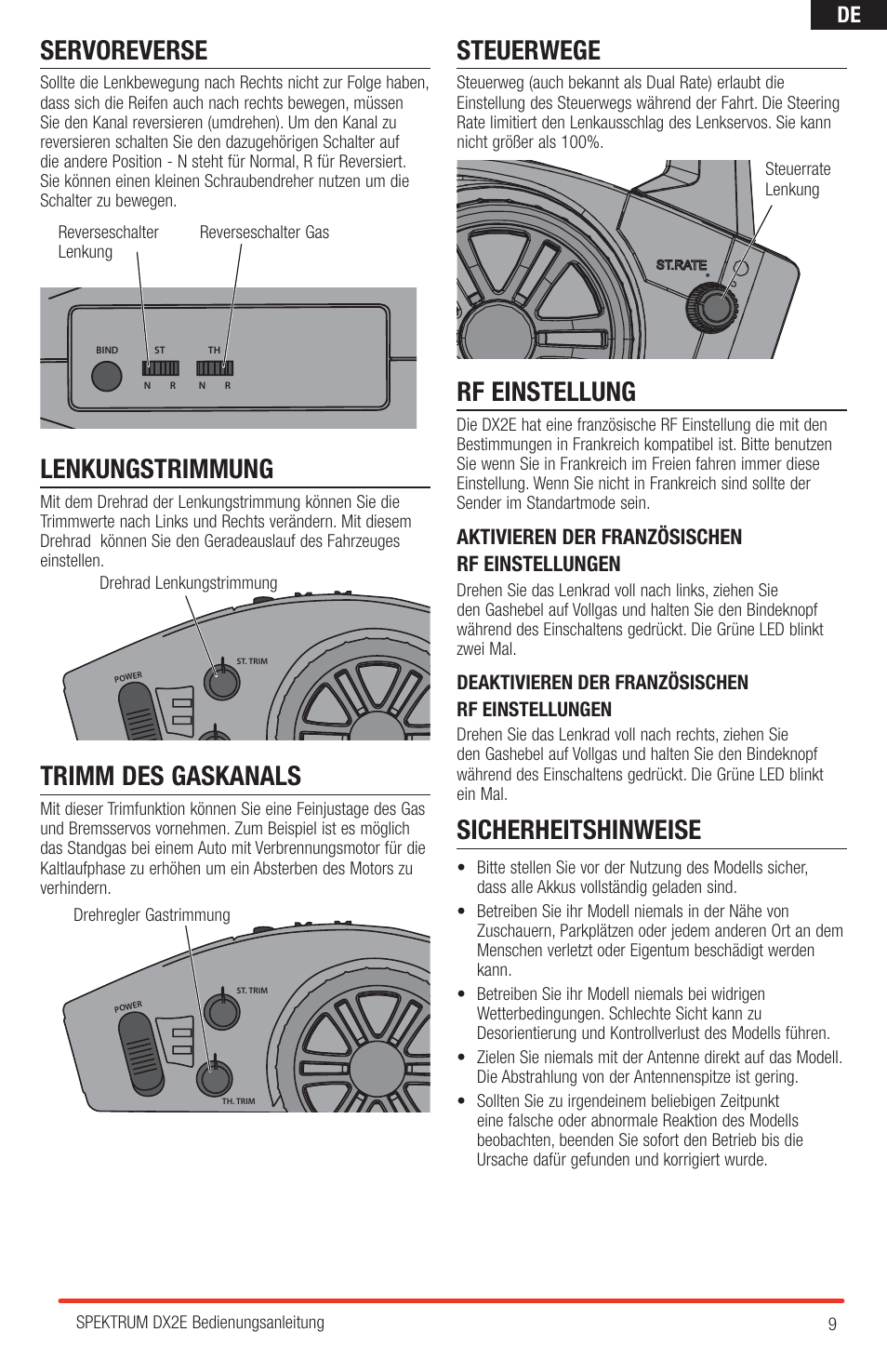 Servoreverse, Lenkungstrimmung, Trimm des gaskanals | Steuerwege, Rf einstellung, Sicherheitshinweise, Aktivieren der französischen rf einstellungen | Spektrum SPM2310 DX2E User Manual | Page 9 / 24