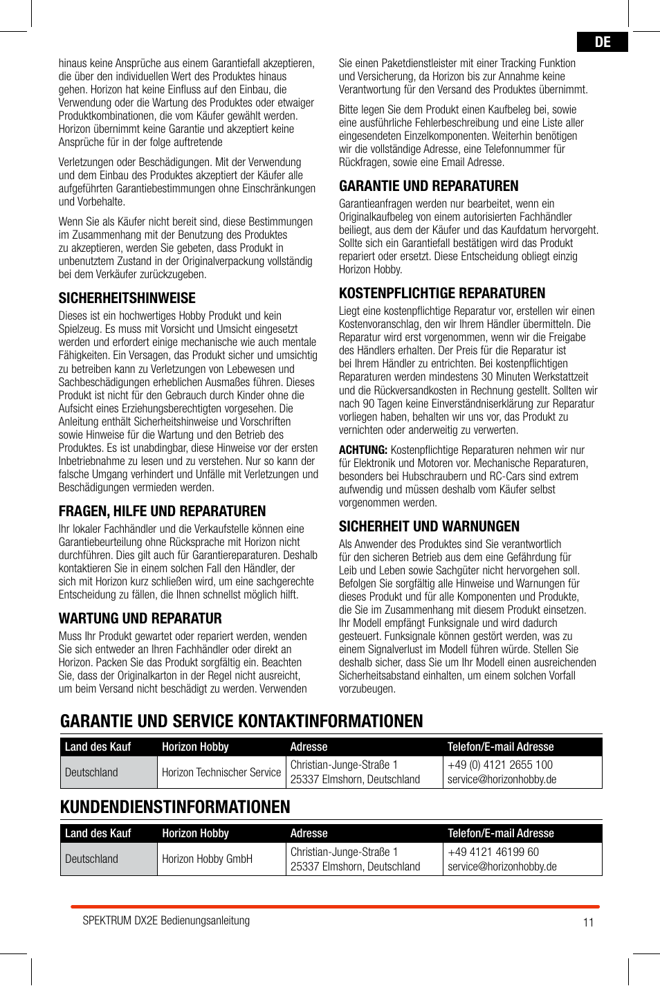 Sicherheitshinweise, Fragen, hilfe und reparaturen, Wartung und reparatur | Garantie und reparaturen, Kostenpflichtige reparaturen, Sicherheit und warnungen | Spektrum SPM2300 DX2E User Manual | Page 11 / 24