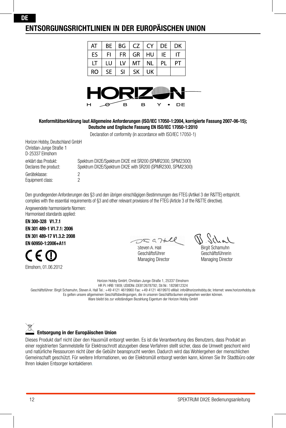 Entsorgungsrichtlinien in der europäischen union | Spektrum SPM2300 DX2E User Manual | Page 12 / 24