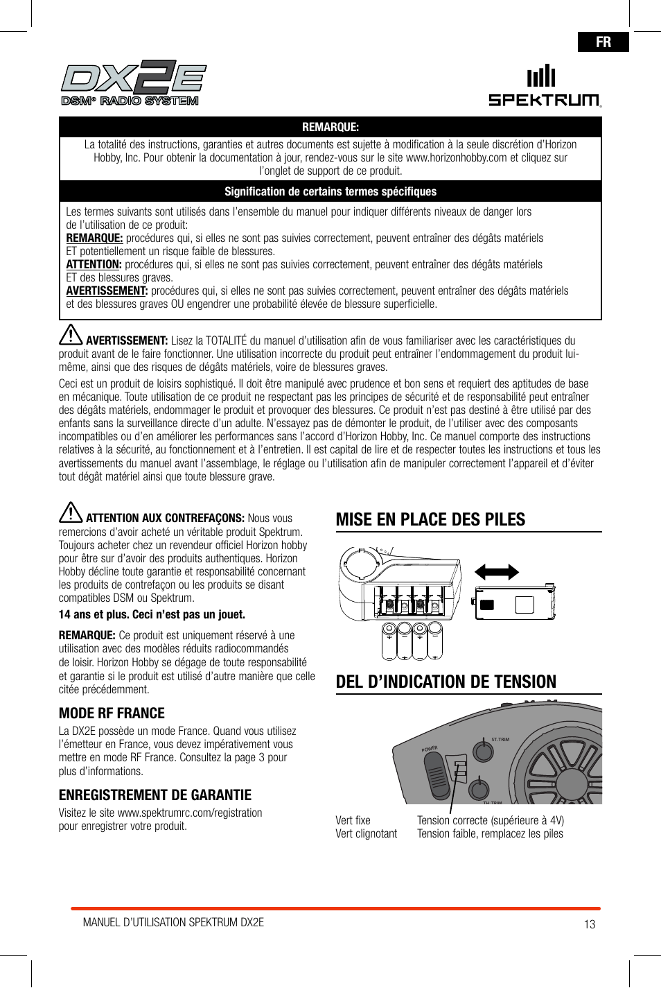 Mode rf france, Enregistrement de garantie | Spektrum SPM2300 DX2E User Manual | Page 13 / 24