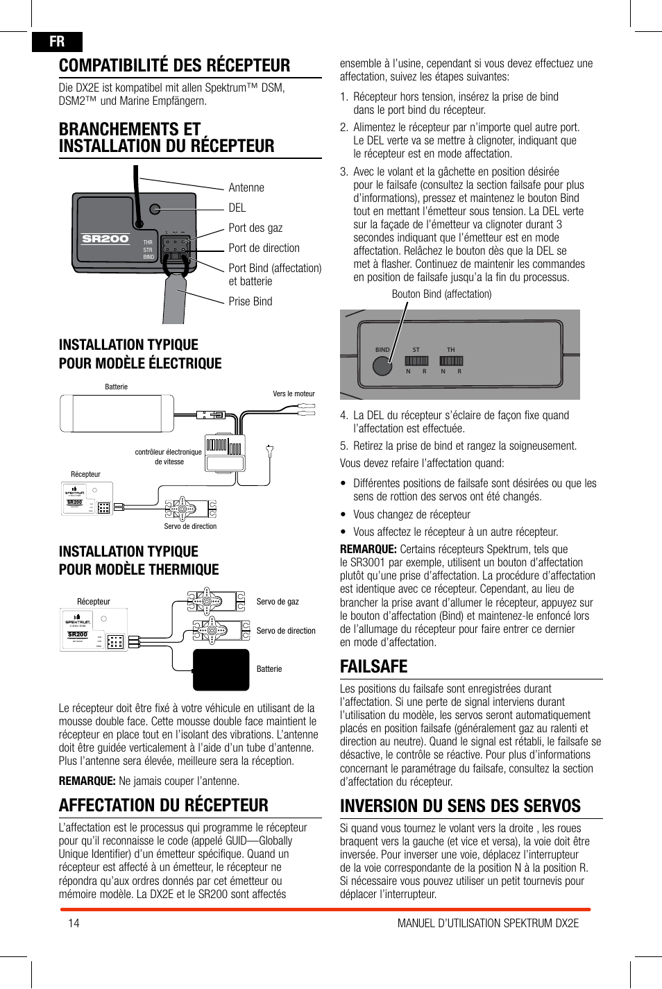 Compatibilité des récepteur, Branchements et installation du récepteur, Affectation du récepteur | Failsafe, Inversion du sens des servos, Installation typique pour modèle électrique, Installation typique pour modèle thermique | Spektrum SPM2300 DX2E User Manual | Page 14 / 24