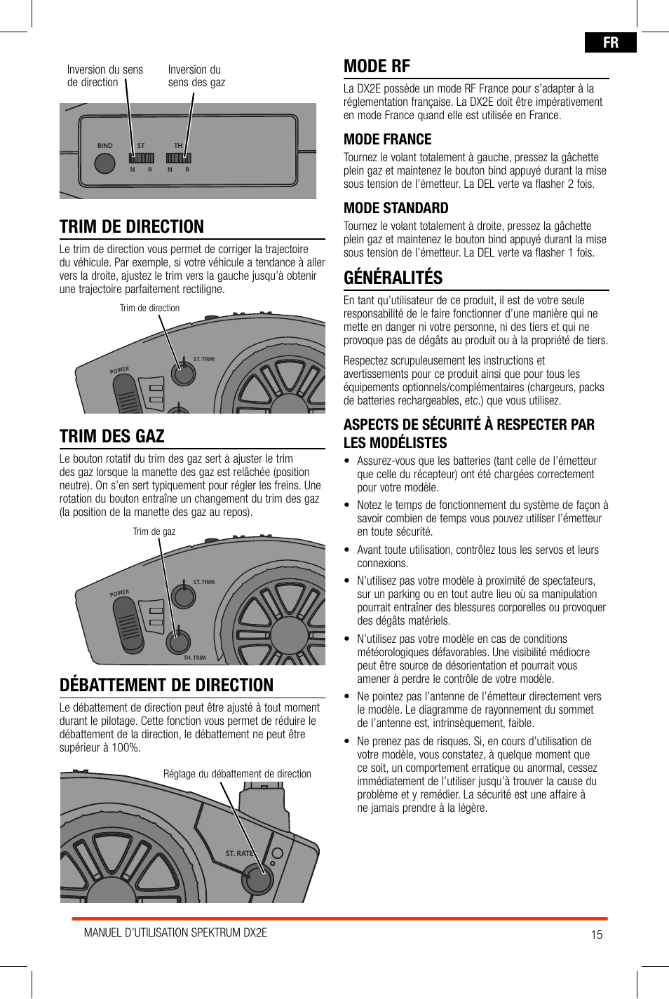 Trim de direction, Trim des gaz, Débattement de direction | Mode rf, Généralités, Mode france, Mode standard, Aspects de sécurité à respecter par les modélistes | Spektrum SPM2300 DX2E User Manual | Page 15 / 24