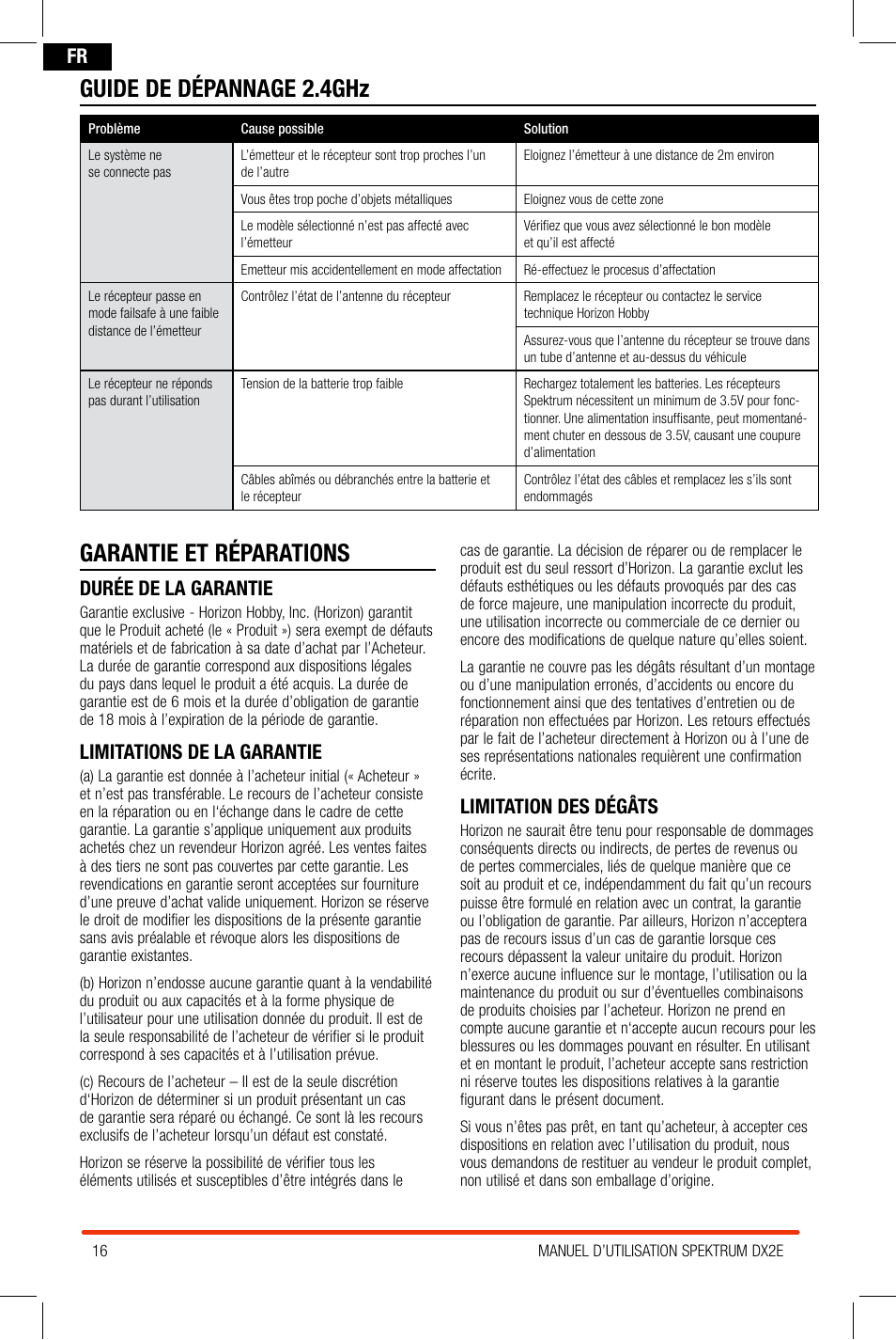 Garantie et réparations, Guide de dépannage 2.4ghz, Durée de la garantie | Limitations de la garantie, Limitation des dégâts | Spektrum SPM2300 DX2E User Manual | Page 16 / 24