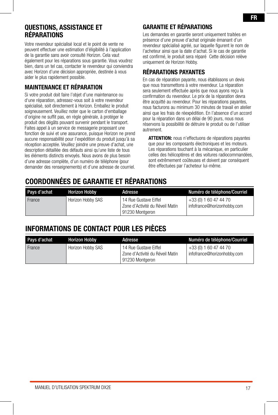 Questions, assistance et réparations | Spektrum SPM2300 DX2E User Manual | Page 17 / 24