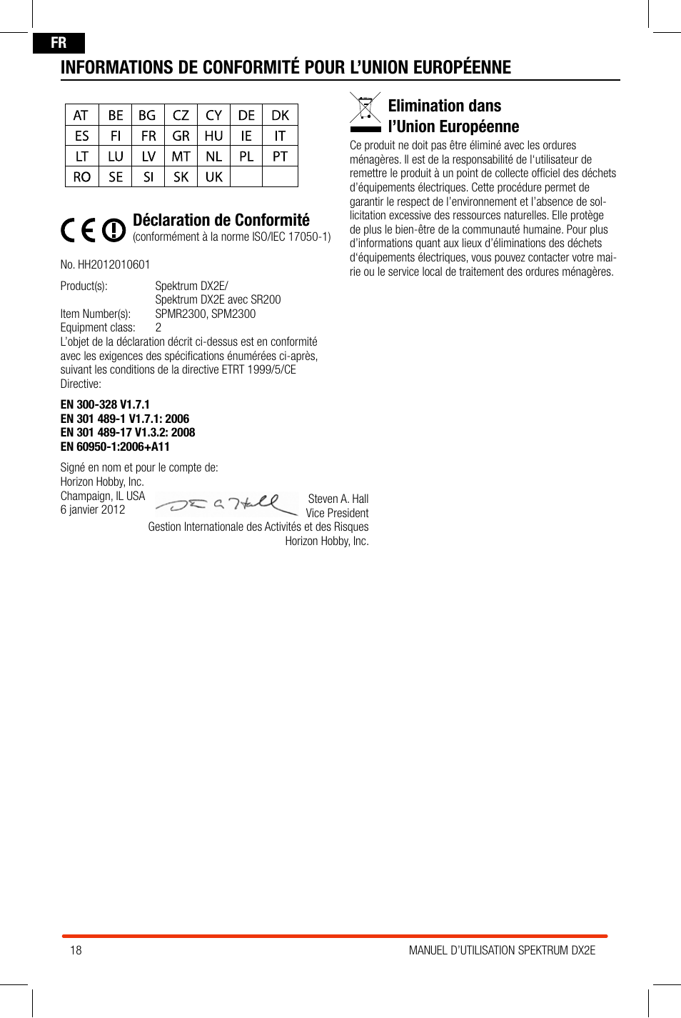 Informations de conformité pour l’union européenne, Déclaration de conformité, Elimination dans l’union européenne | Spektrum SPM2300 DX2E User Manual | Page 18 / 24