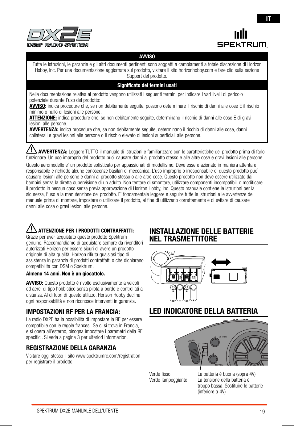 Impostazioni rf per la francia, Registrazione della garanzia | Spektrum SPM2300 DX2E User Manual | Page 19 / 24