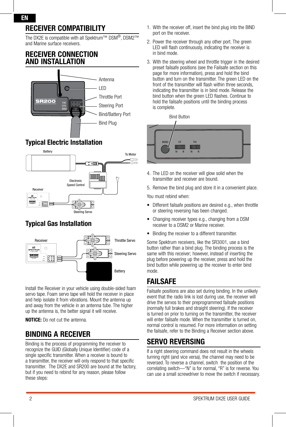 Receiver compatibility, Receiver connection and installation, Binding a receiver | Failsafe, Servo reversing, Typical electric installation, Typical gas installation | Spektrum SPM2300 DX2E User Manual | Page 2 / 24