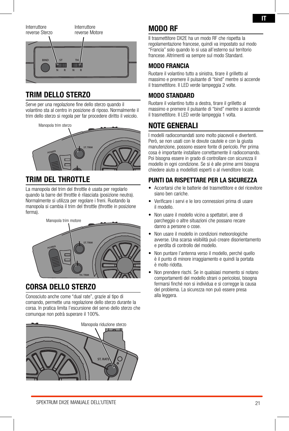 Trim dello sterzo, Trim del throttle, Corsa dello sterzo | Modo rf, Modo francia, Modo standard, Punti da rispettare per la sicurezza | Spektrum SPM2300 DX2E User Manual | Page 21 / 24