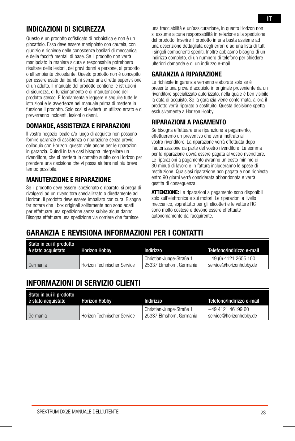 Indicazioni di sicurezza | Spektrum SPM2300 DX2E User Manual | Page 23 / 24