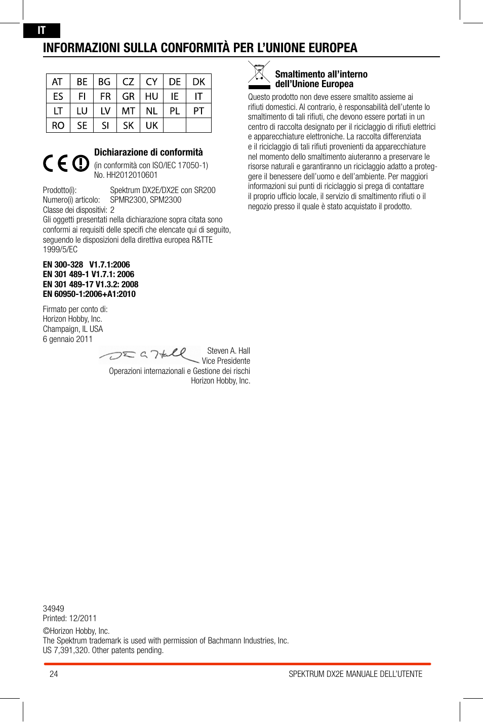 Informazioni sulla conformità per l’unione europea | Spektrum SPM2300 DX2E User Manual | Page 24 / 24