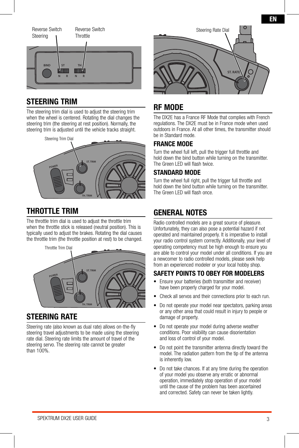 Steering trim, Throttle trim, Steering rate | Rf mode, France mode, Standard mode, Safety points to obey for modelers | Spektrum SPM2300 DX2E User Manual | Page 3 / 24