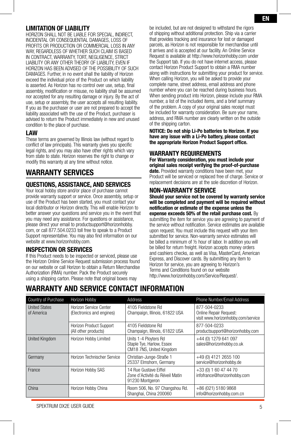 Warranty services, Warranty and service contact information, En limitation of liability | Questions, assistance, and services, Inspection or services, Warranty requirements, Non-warranty service | Spektrum SPM2300 DX2E User Manual | Page 5 / 24