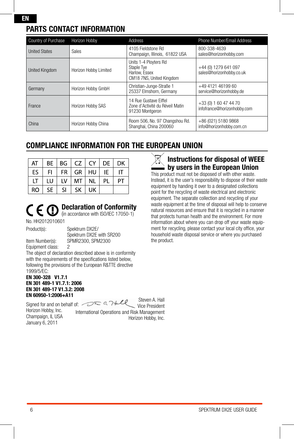 Compliance information for the european union, Parts contact information, Declaration of conformity | Spektrum SPM2300 DX2E User Manual | Page 6 / 24