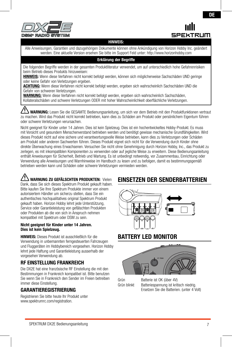 Einsetzen der senderbatterien battery led monitor, Rf einstellung frankreich, Garantieregistrierung | Spektrum SPM2300 DX2E User Manual | Page 7 / 24