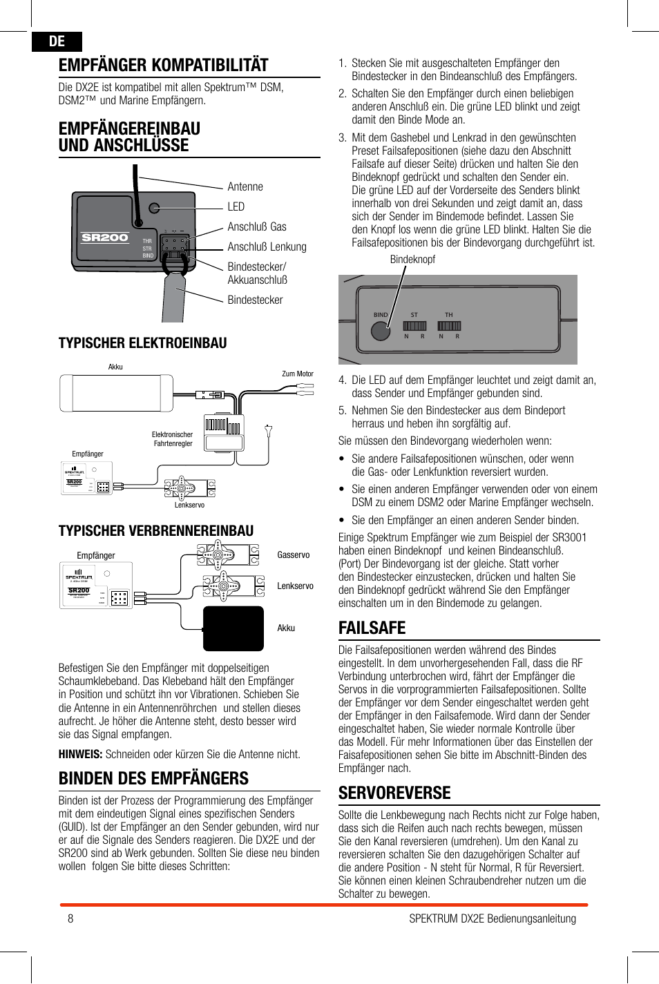 Empfänger kompatibilität, Empfängereinbau und anschlüsse, Binden des empfängers | Failsafe, Servoreverse, Typischer elektroeinbau, Typischer verbrennereinbau | Spektrum SPM2300 DX2E User Manual | Page 8 / 24