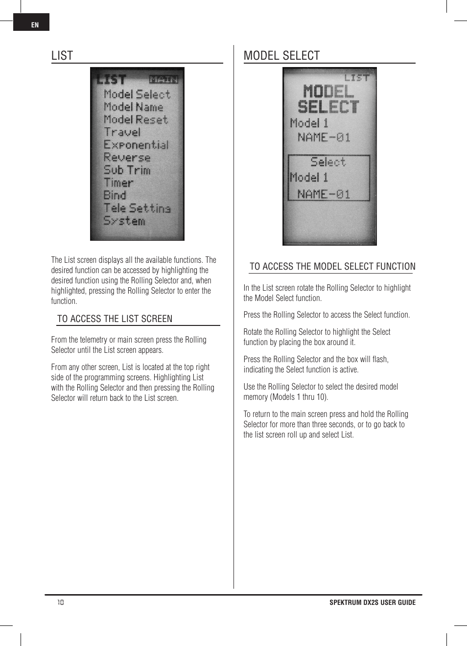 List, Model select | Spektrum SPM2121 DX2S User Manual | Page 10 / 112