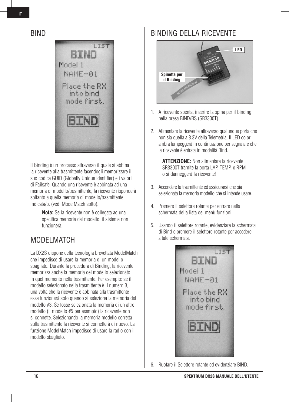 Bind, Modelmatch, Binding della ricevente | Spektrum SPM2121 DX2S User Manual | Page 100 / 112