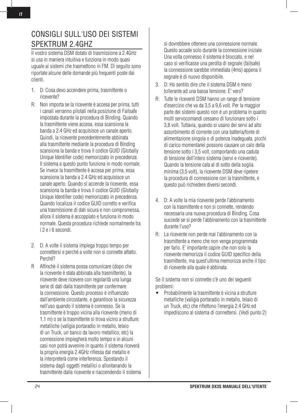 Consigli sull'uso dei sistemi spektrum 2.4ghz | Spektrum SPM2121 DX2S User Manual | Page 108 / 112