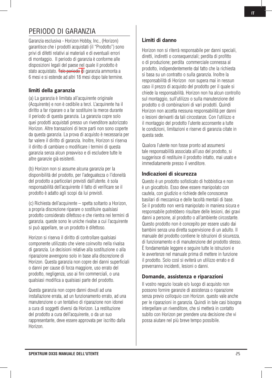 Periodo di garanzia | Spektrum SPM2121 DX2S User Manual | Page 109 / 112