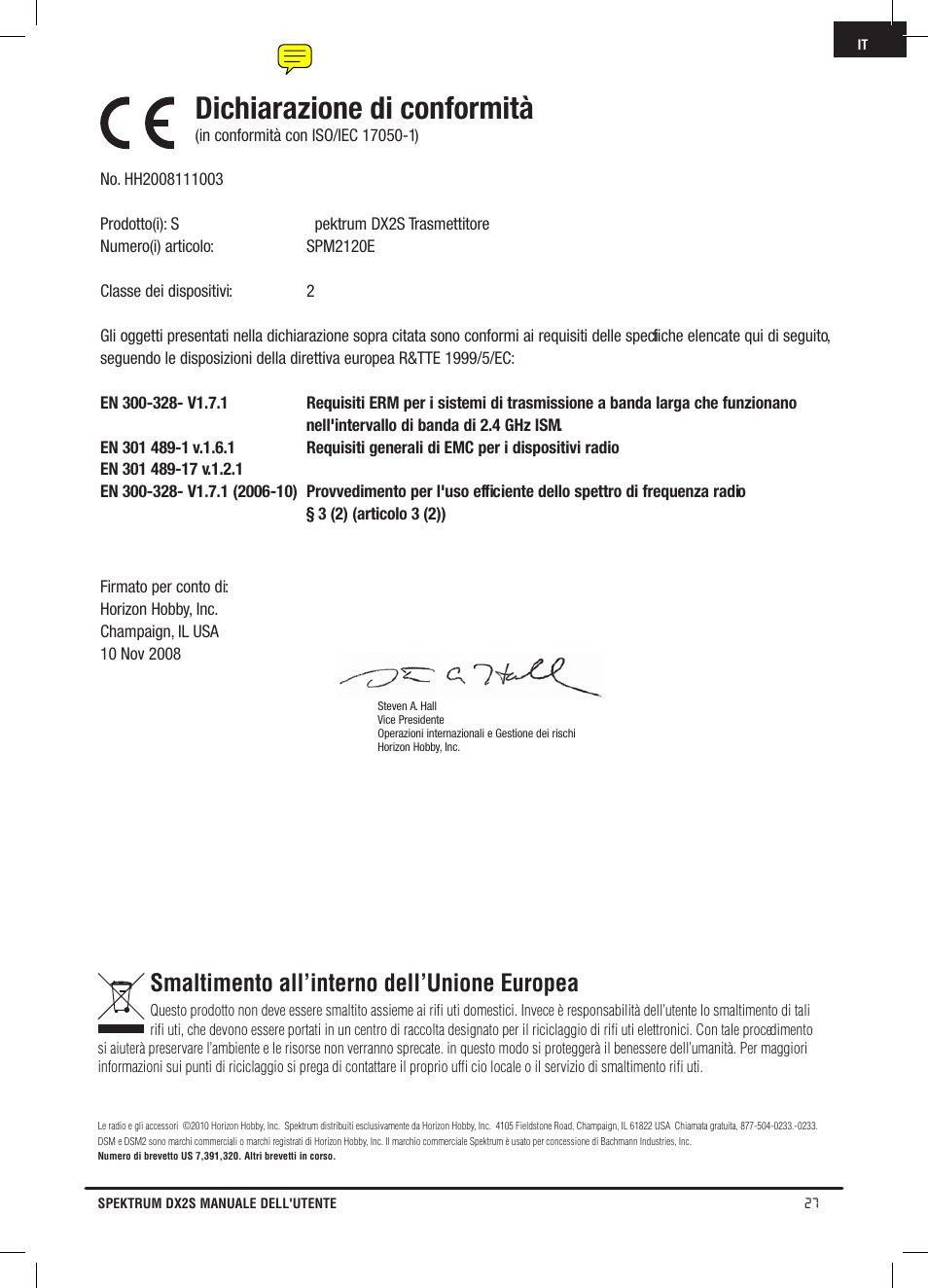 Dichiarazione di conformità, Smaltimento all’interno dell’unione europea | Spektrum SPM2121 DX2S User Manual | Page 111 / 112