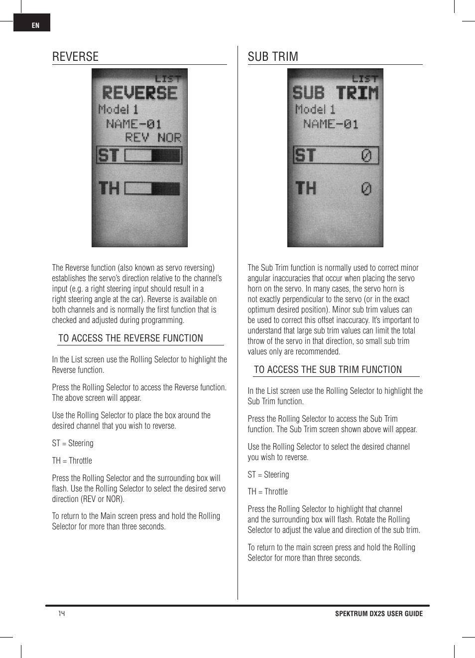 Reverse, Sub trim | Spektrum SPM2121 DX2S User Manual | Page 14 / 112