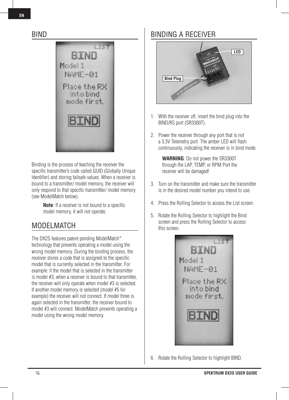 Bind, Modelmatch, Binding a receiver | Spektrum SPM2121 DX2S User Manual | Page 16 / 112