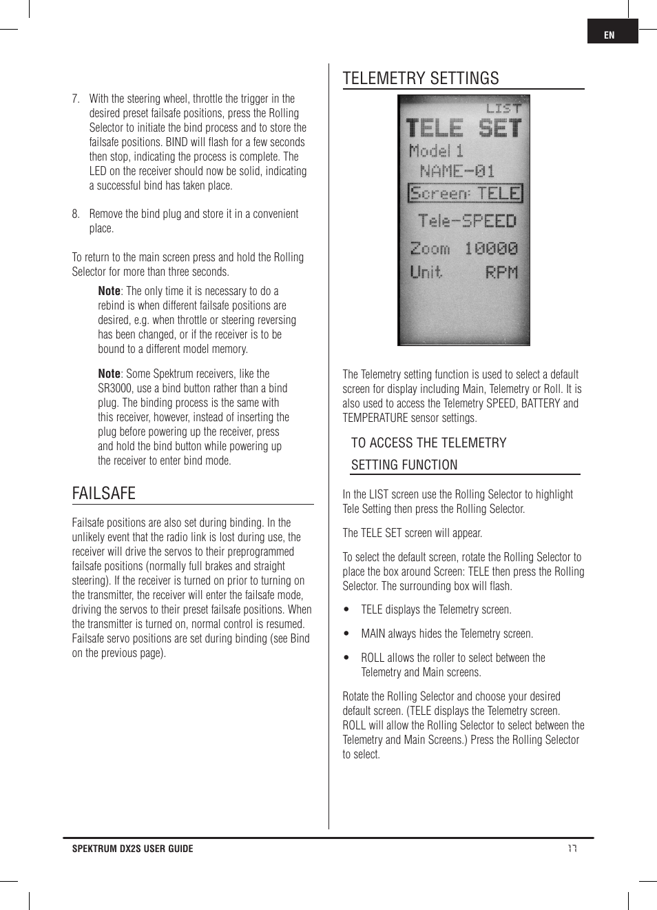 Failsafe, Telemetry settings | Spektrum SPM2121 DX2S User Manual | Page 17 / 112