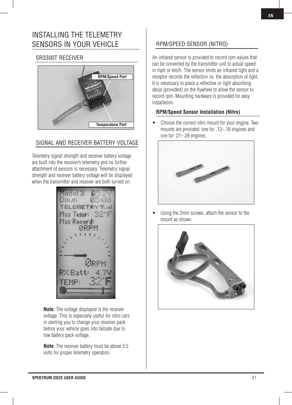 Installing the telemetry sensors in your vehicle | Spektrum SPM2121 DX2S User Manual | Page 21 / 112