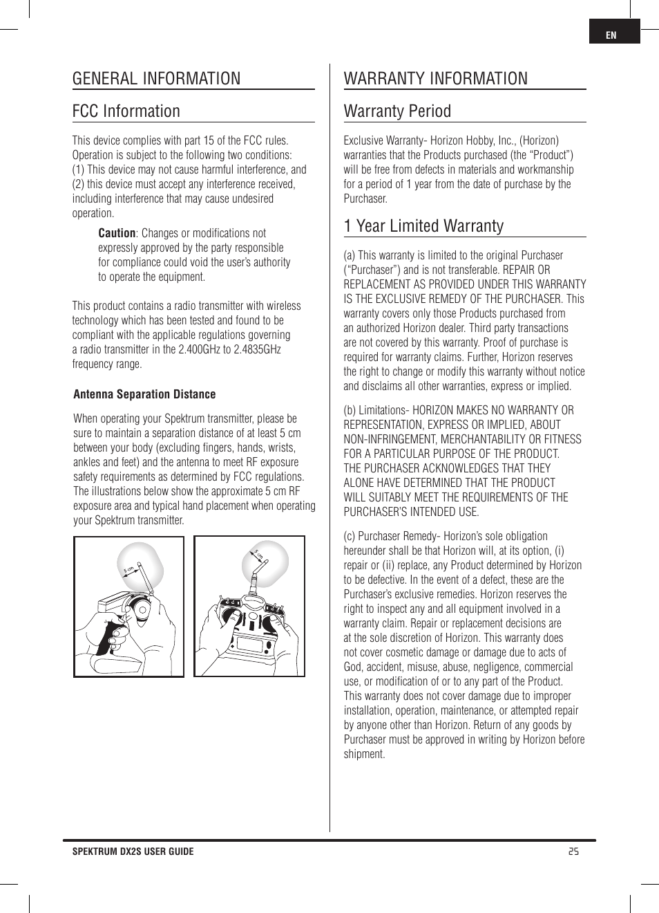 General information fcc information, Warranty information warranty period, 1 year limited warranty | Spektrum SPM2121 DX2S User Manual | Page 25 / 112