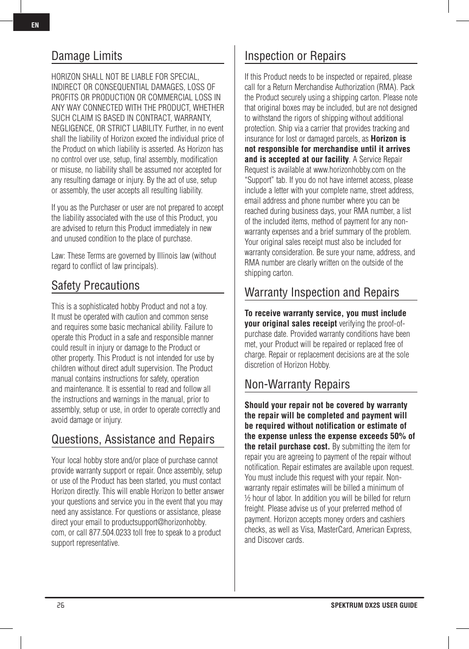 Damage limits, Safety precautions, Questions, assistance and repairs | Inspection or repairs, Warranty inspection and repairs, Non-warranty repairs | Spektrum SPM2121 DX2S User Manual | Page 26 / 112