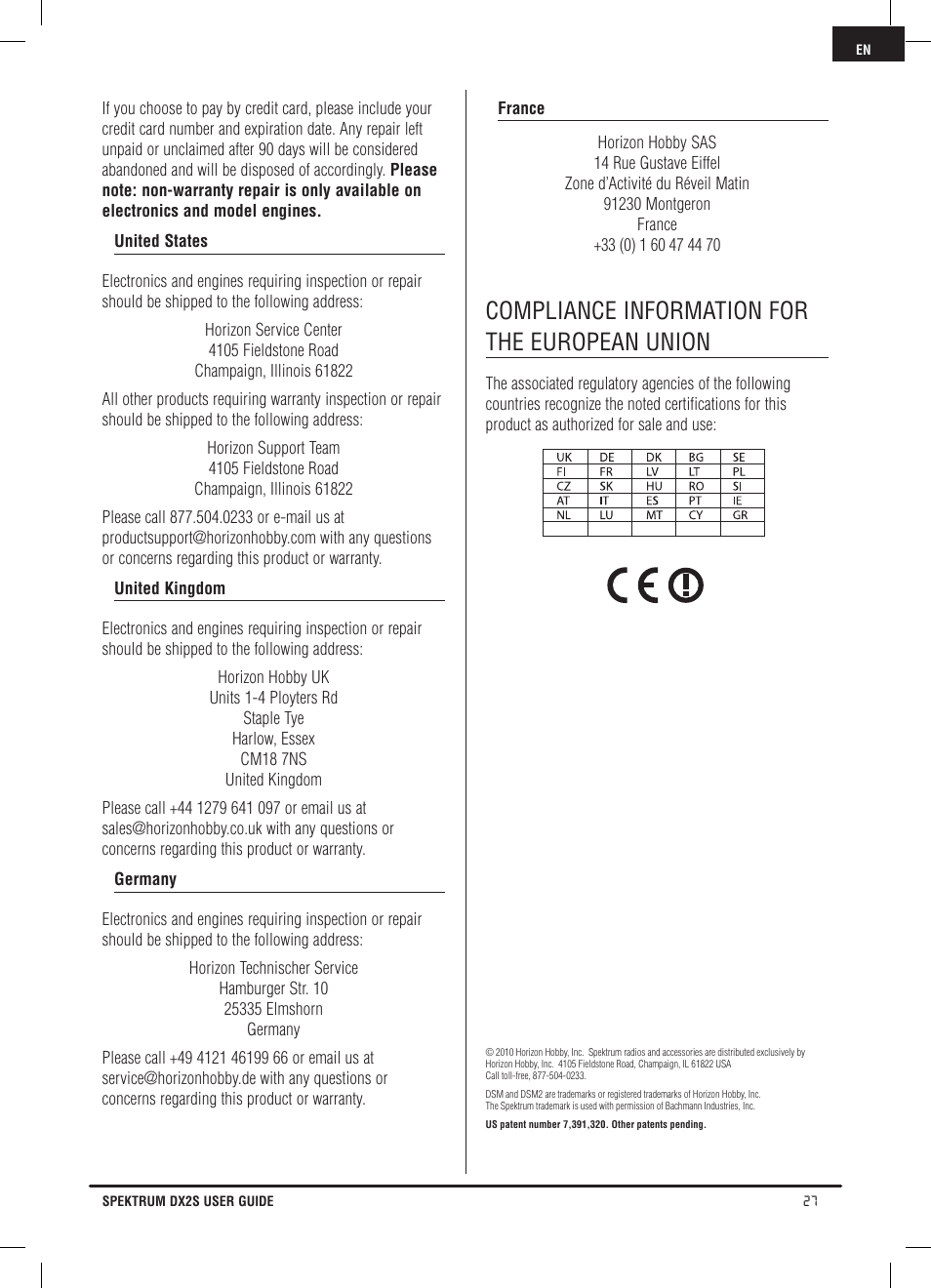 Compliance information for the european union | Spektrum SPM2121 DX2S User Manual | Page 27 / 112