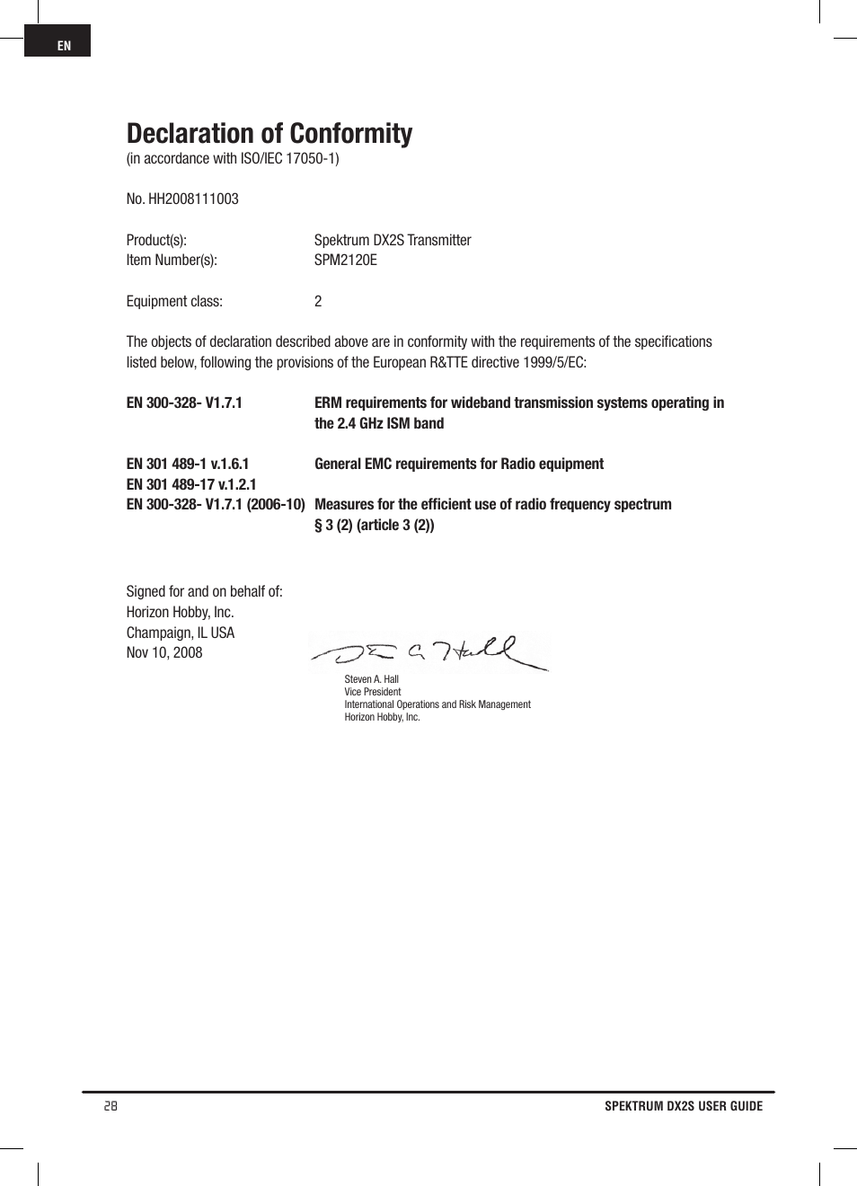 Declaration of conformity | Spektrum SPM2121 DX2S User Manual | Page 28 / 112