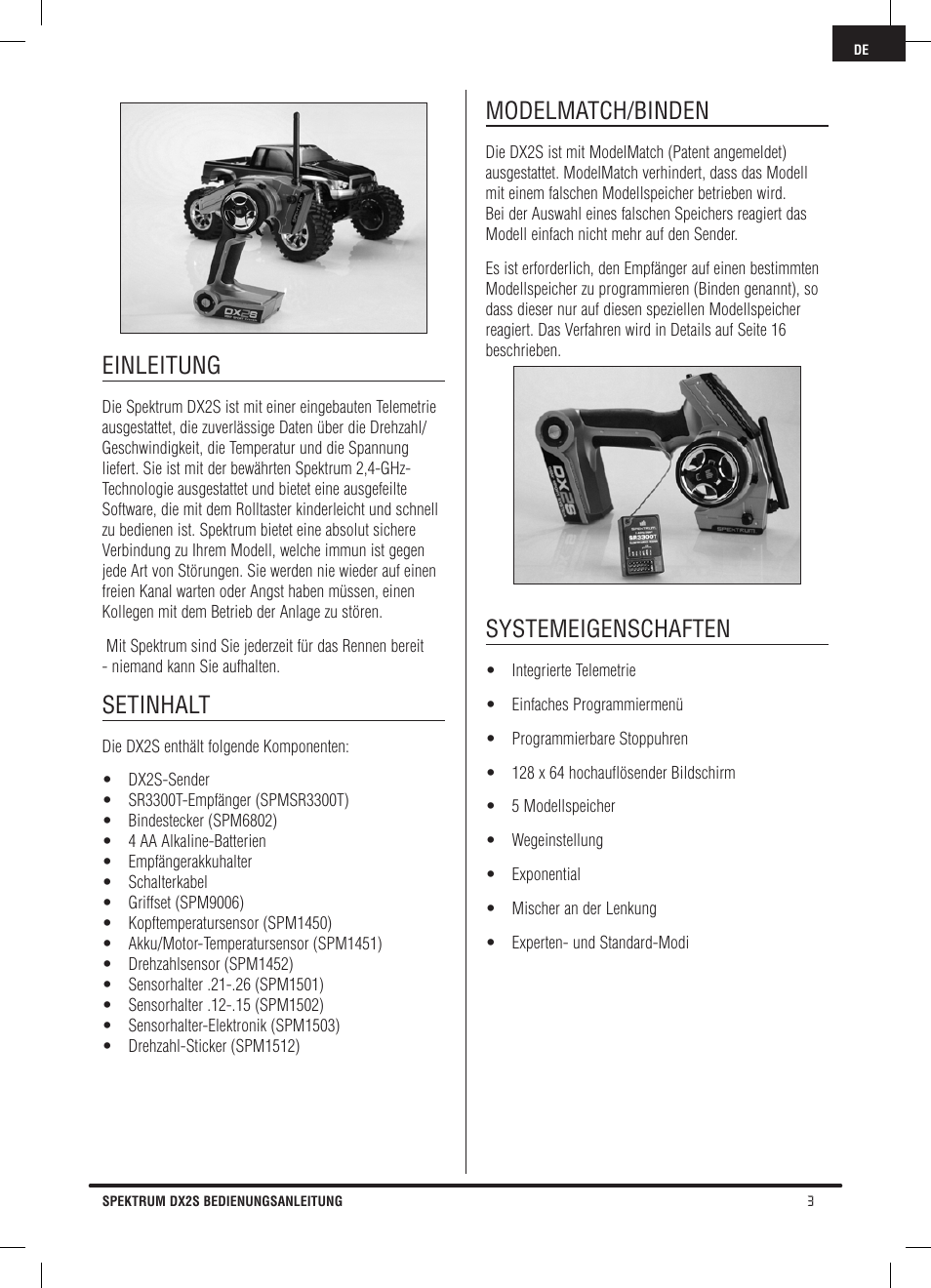 Einleitung, Setinhalt, Modelmatch/binden | Systemeigenschaften | Spektrum SPM2121 DX2S User Manual | Page 31 / 112